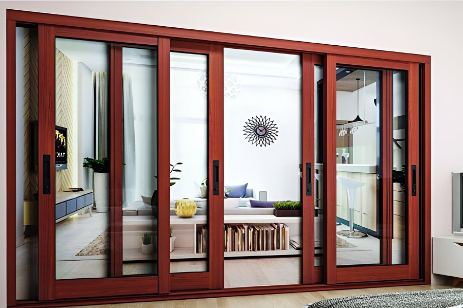 Mẫu cửa nhôm kính 4 cánh vân gỗ trượt ngang